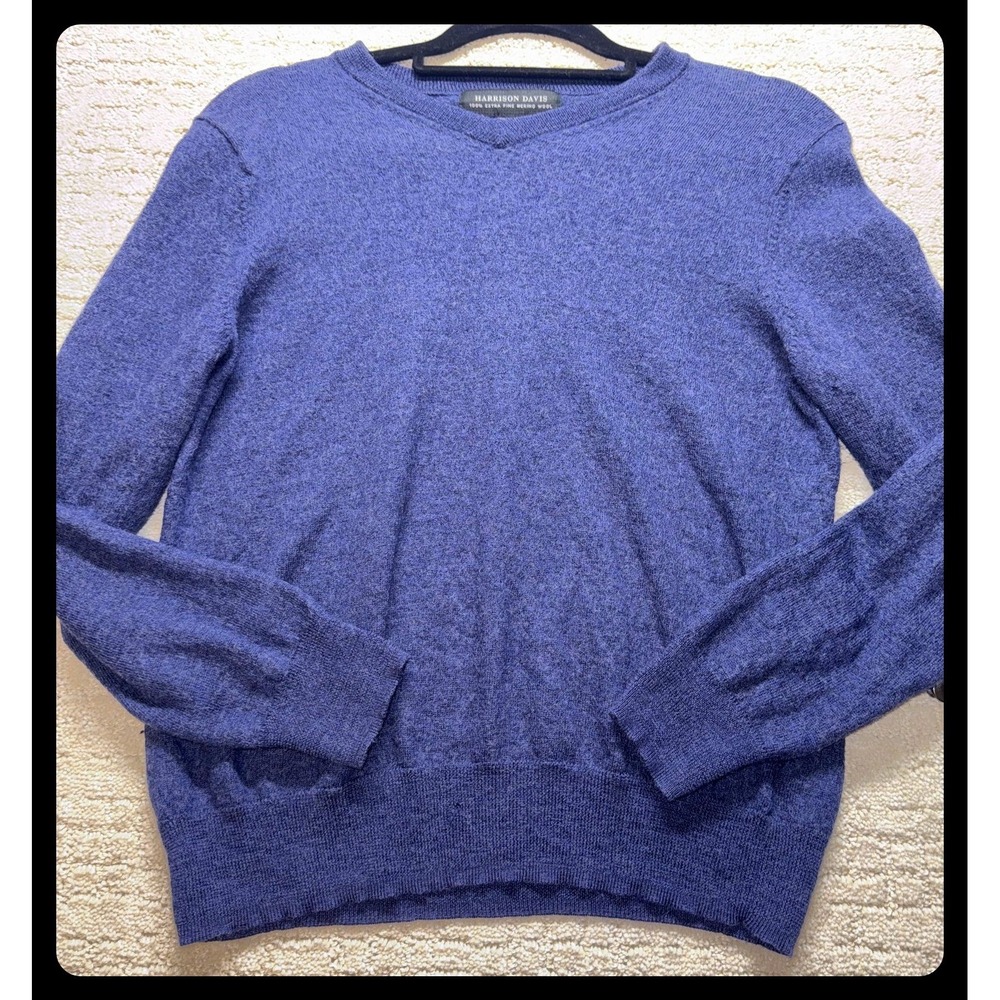Harrison Davis V-Neck Sweater Mens Medium Blue Extra Fine Merino Wool Pullover